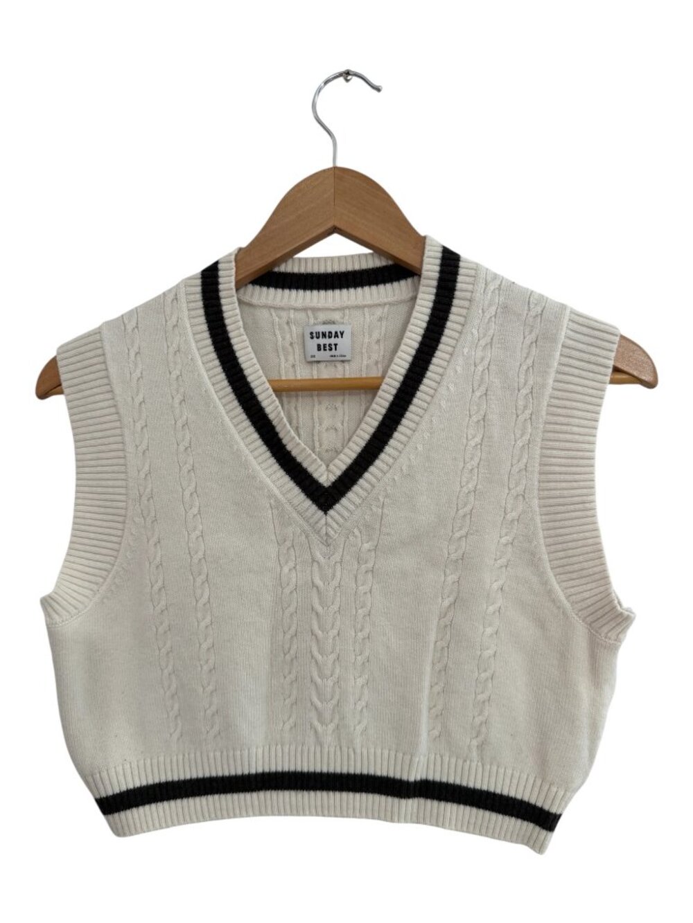 Sunday Best Cream Black Trim Cable Knit Merino Wool Sweater Vest 2XS